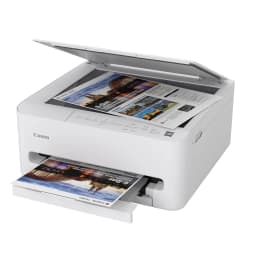 Canon Pixma TS4150i Blanco, vista en perspectiva: tapa escáner abierta con documento y papel impreso saliendo por la bandeja