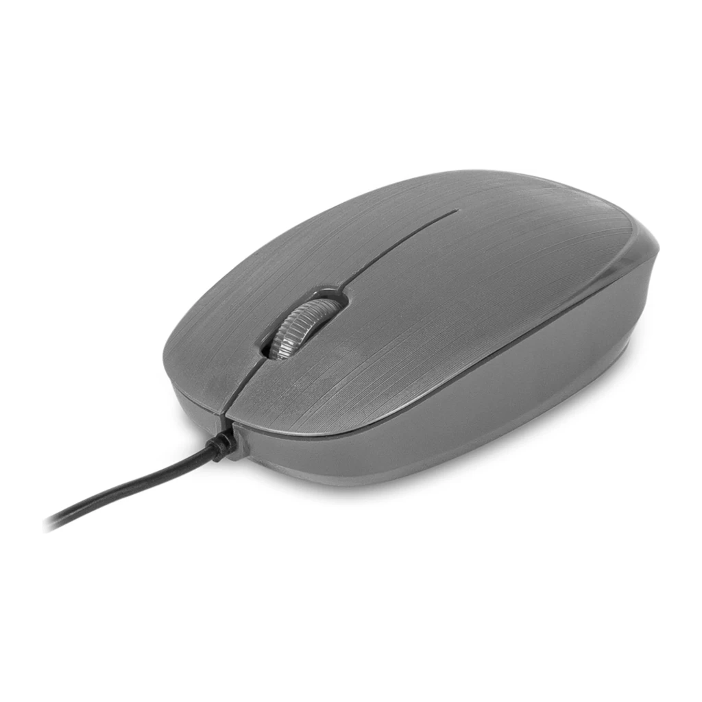NGS Ratón Flame Gris, vista superior: cuerpo gris con textura cepillada, rueda central y cable USB - Ítem1