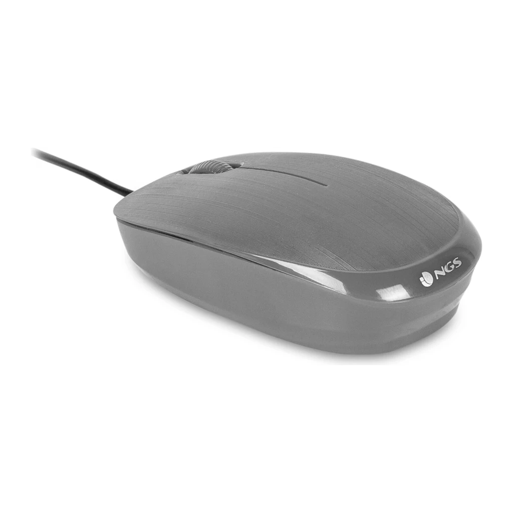 NGS Ratón Flame Gris, vista superior: cuerpo gris con textura cepillada, rueda central y cable USB - Ítem2