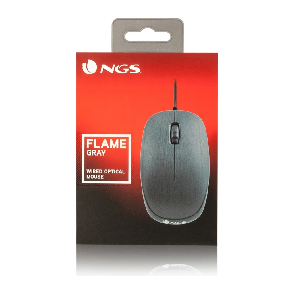 NGS Ratón Flame Gris, vista superior: cuerpo gris con textura cepillada, rueda central y cable USB - Ítem3