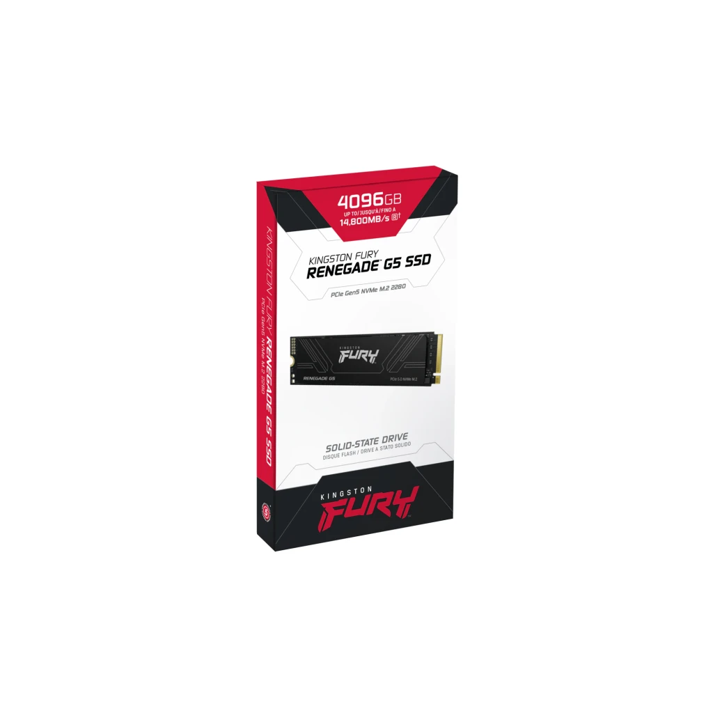 Kingston FURY Renegade G5 4TB preto, vista frontal: dissipador preto com logo FURY, texto PCIe 5.0 NVMe M.2 e conector - Item3