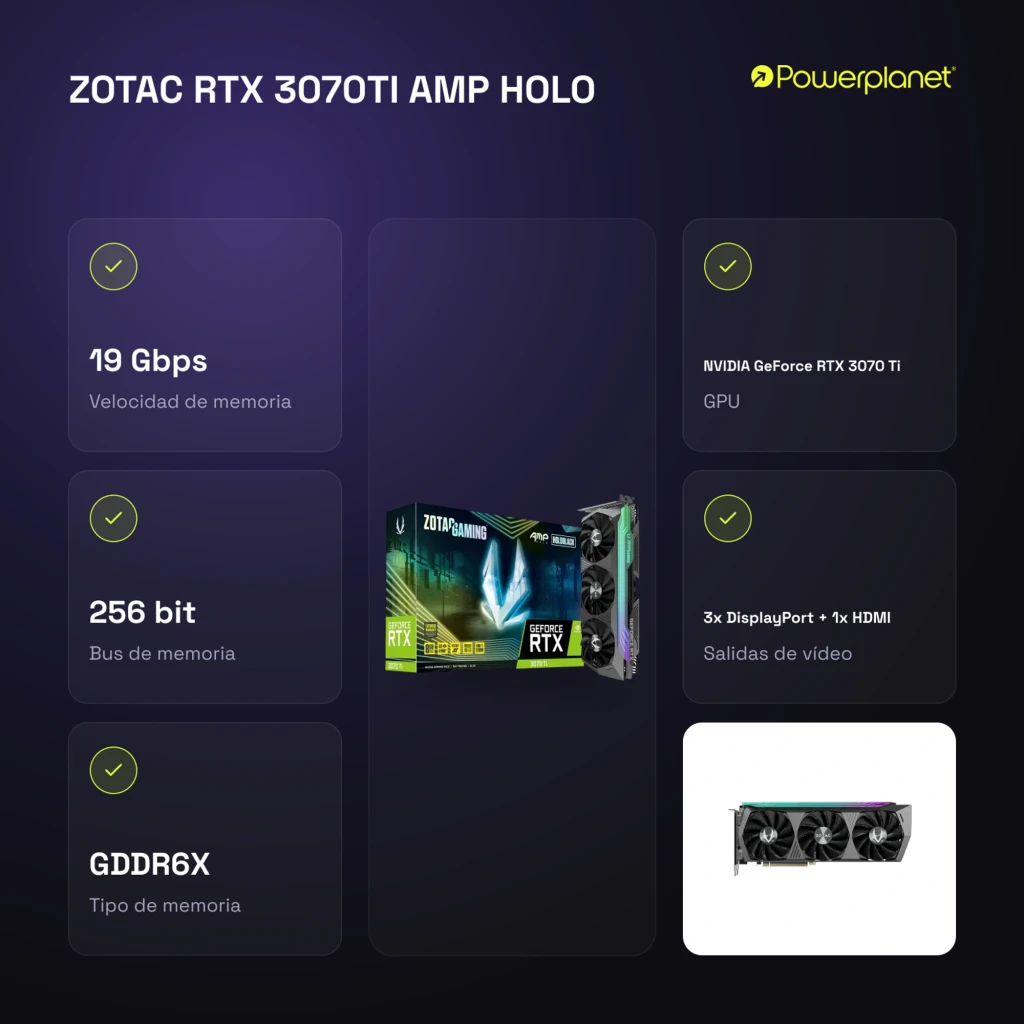 Zotac RTX 3070 Ti AMP HOLO negro, caja y tarjeta: mismo conjunto que imagen anterior con ángulo ligeramente distinto - Ítem10