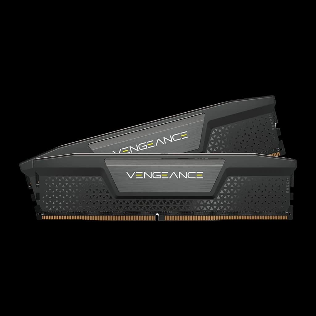 Corsair Vengeance 32GB DDR5 6200MHz negro, vista lateral: 2 módulos apilados con disipador angular y logo amarillo