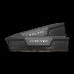 Corsair Vengeance 32GB DDR5 6200MHz negro, vista lateral: 2 módulos apilados con disipador angular y logo amarillo