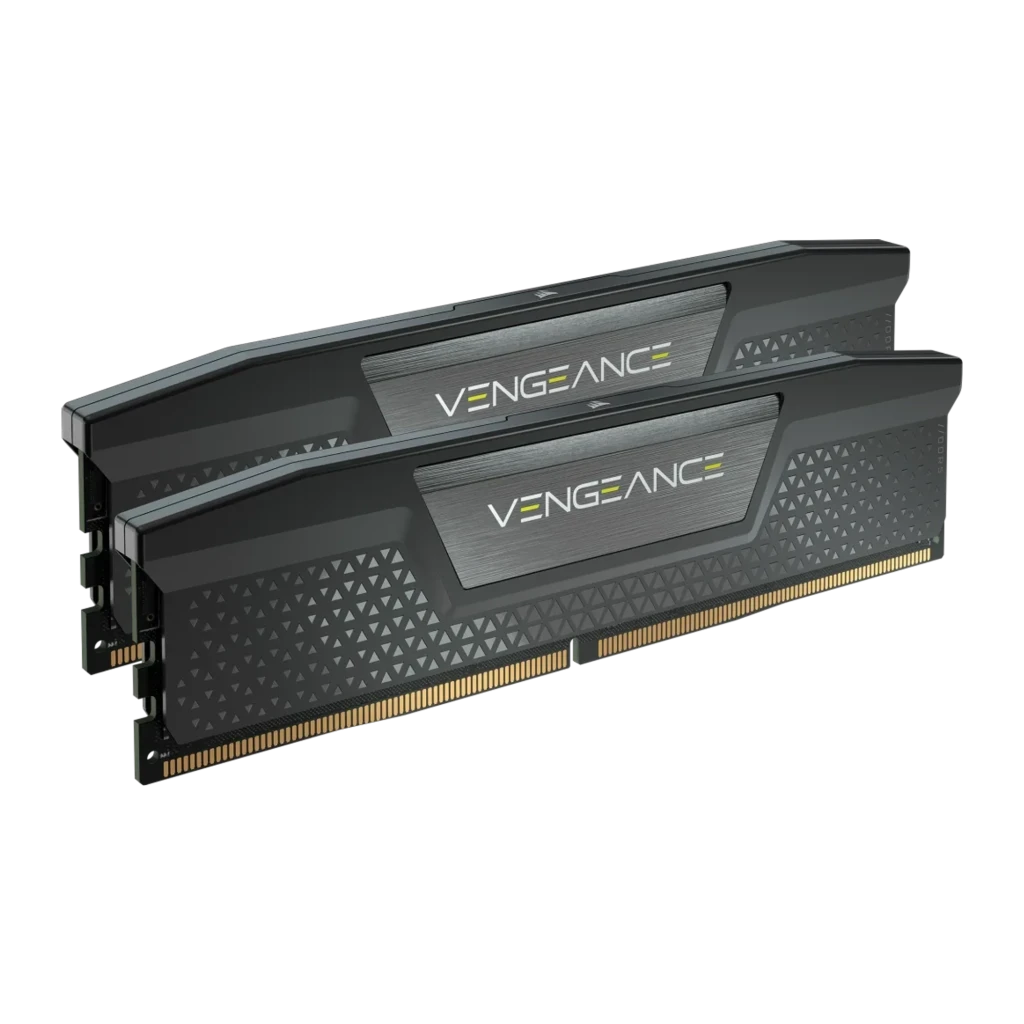 Corsair Vengeance 32GB DDR5 6200MHz preto, vista lateral: 2 módulos empilhados com dissipador angular e logo amarelo - Item1