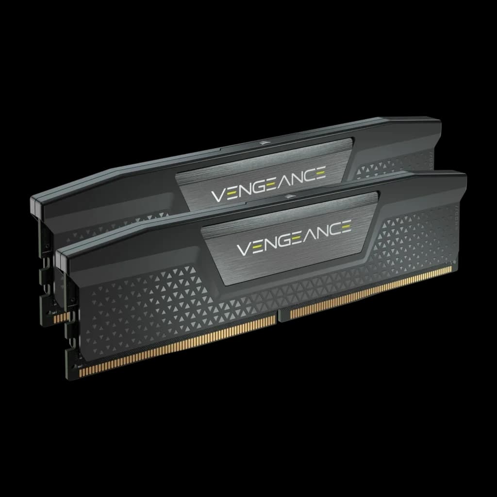 Corsair Vengeance 32GB DDR5 6200MHz negro, vista en perspectiva: 2 módulos en ángulo mostrando frente y contactos dorados