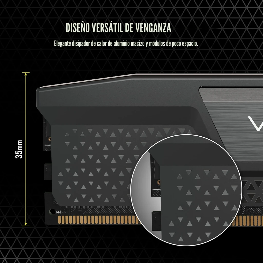 Corsair Vengeance 32GB DDR5 6200MHz preto, vista lateral: 2 módulos empilhados com dissipador angular e logo amarelo - Item2