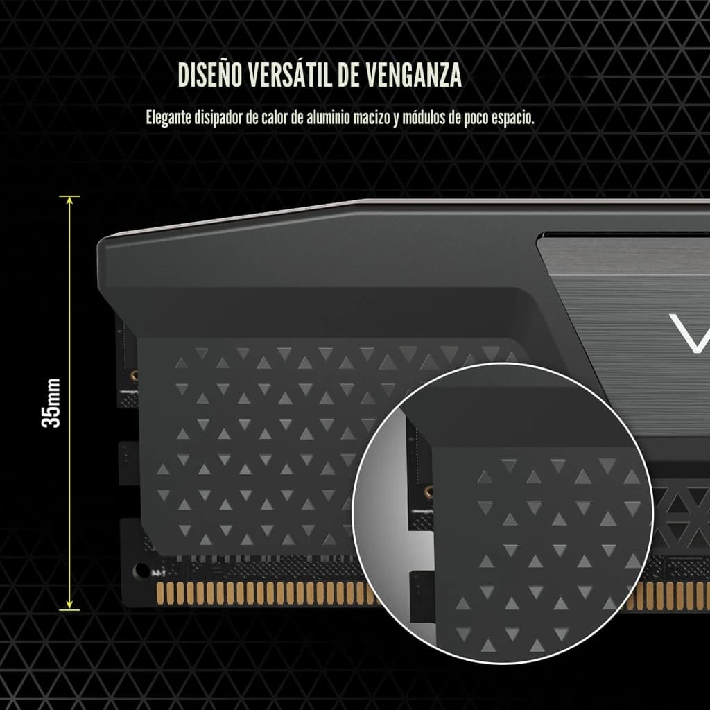 Corsair Vengeance DDR5 32GB 6200MHz negro, detalle: disipador de aluminio con patrón triangular y altura de 35mm