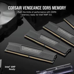 Corsair Vengeance DDR5 32GB Negro, vista promocional: tres módulos en escena con ventilador y texto XMP 3.0