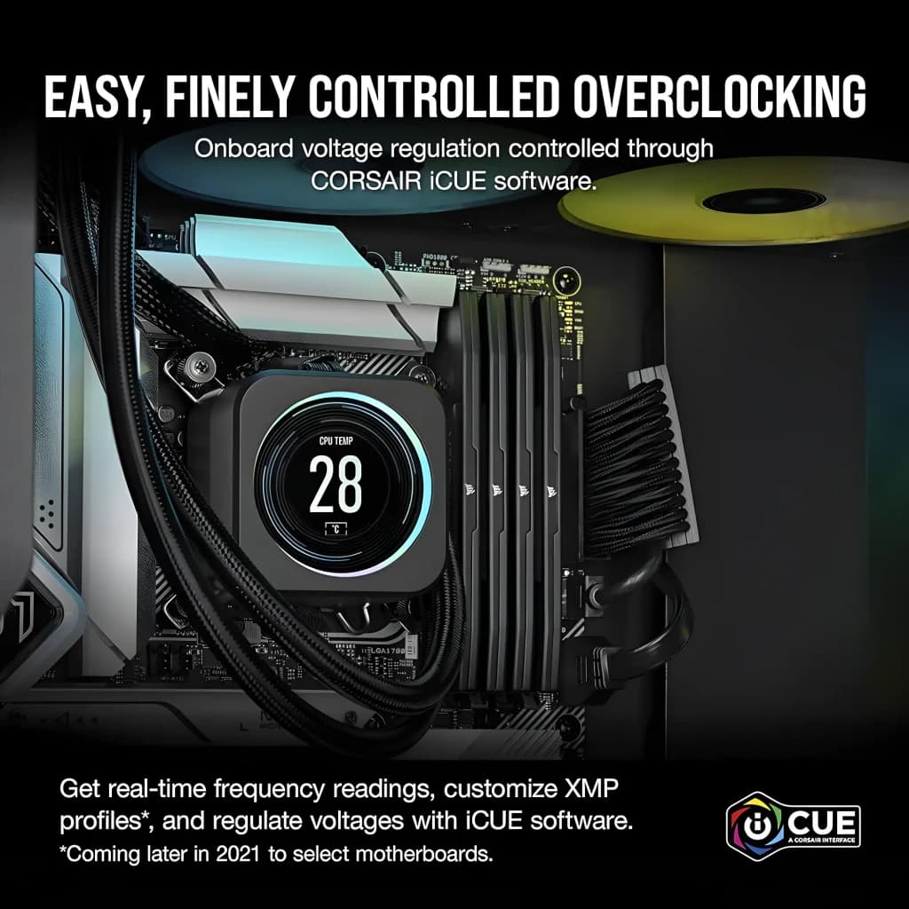 Corsair CMK32GX5M2B6200C36 32GB DDR5 negro, lifestyle: módulos instalados en placa base junto a refrigeración líquida con