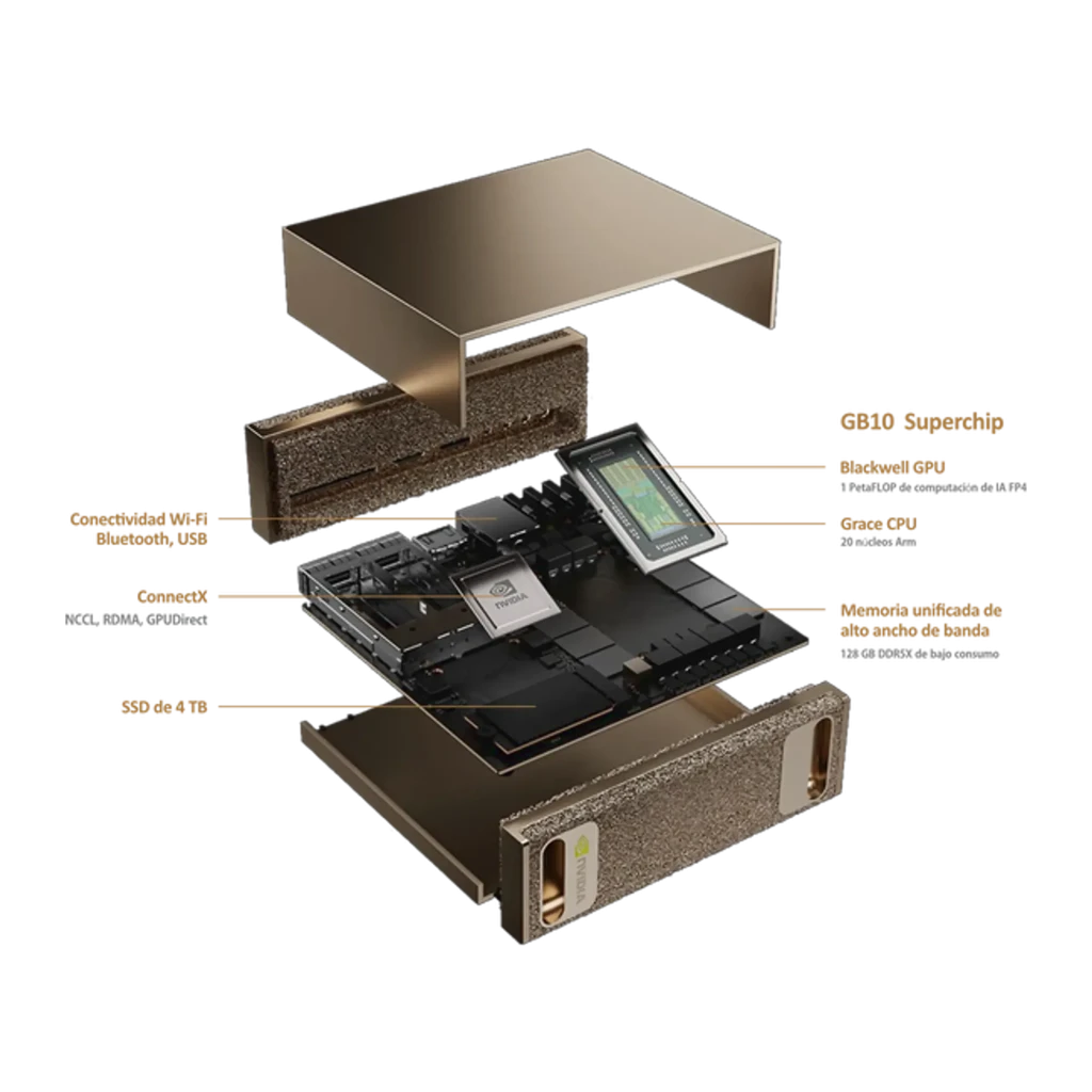 NVIDIA DGX Spark Founders Edition GB10 128GB 4TB dorado, vista en perspectiva: chasis compacto textura granulada frontal y - Ítem4