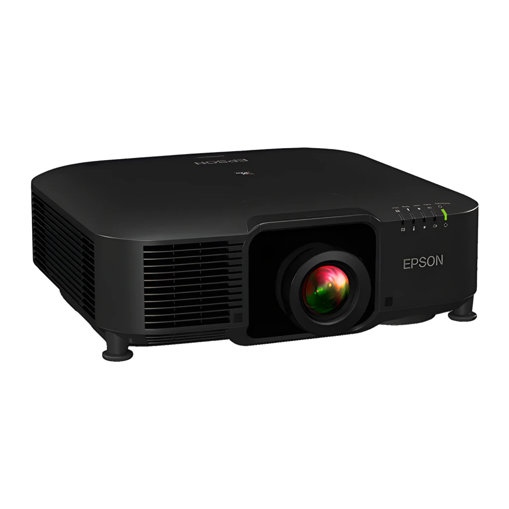 Epson EB-PU1008B preto, vista frontal: objetiva central, grelha de ventilação esquerda e logo Epson - Item1