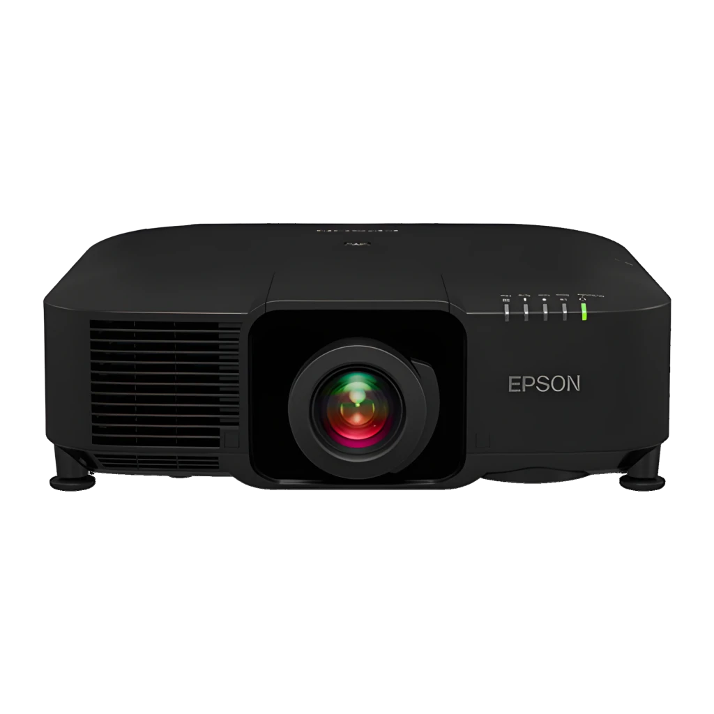 Epson EB-PU1008B preto, vista frontal: objetiva central, grelha de ventilação esquerda e logo Epson - Item2