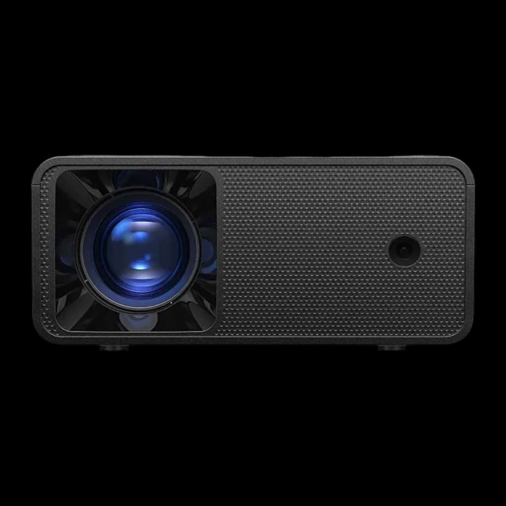 BlitzWolf Projector BW-V1 negro, vista frontal: objetivo azul centrado a la izquierda y rejilla texturizada a la derecha
