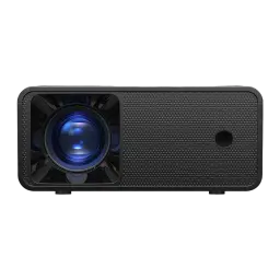 BlitzWolf Projector BW-V1 negro, vista frontal: objetivo azul centrado a la izquierda y rejilla texturizada a la derecha