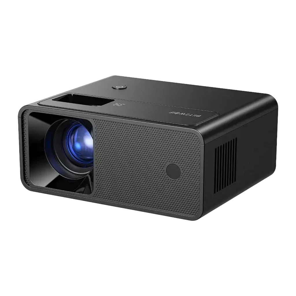 BlitzWolf Projector BW-V1 preto, vista frontal: lente azul à esquerda e grelha texturizada à direita - Item1