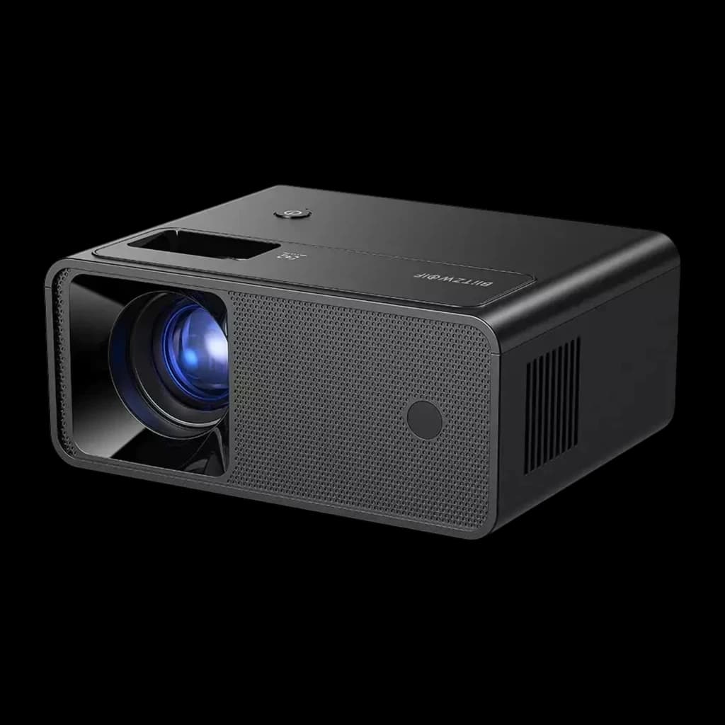BlitzWolf Projector BW-V1 negro, vista en ángulo frontal-superior izquierdo: logo BlitzWolf, botón encendido y rejilla