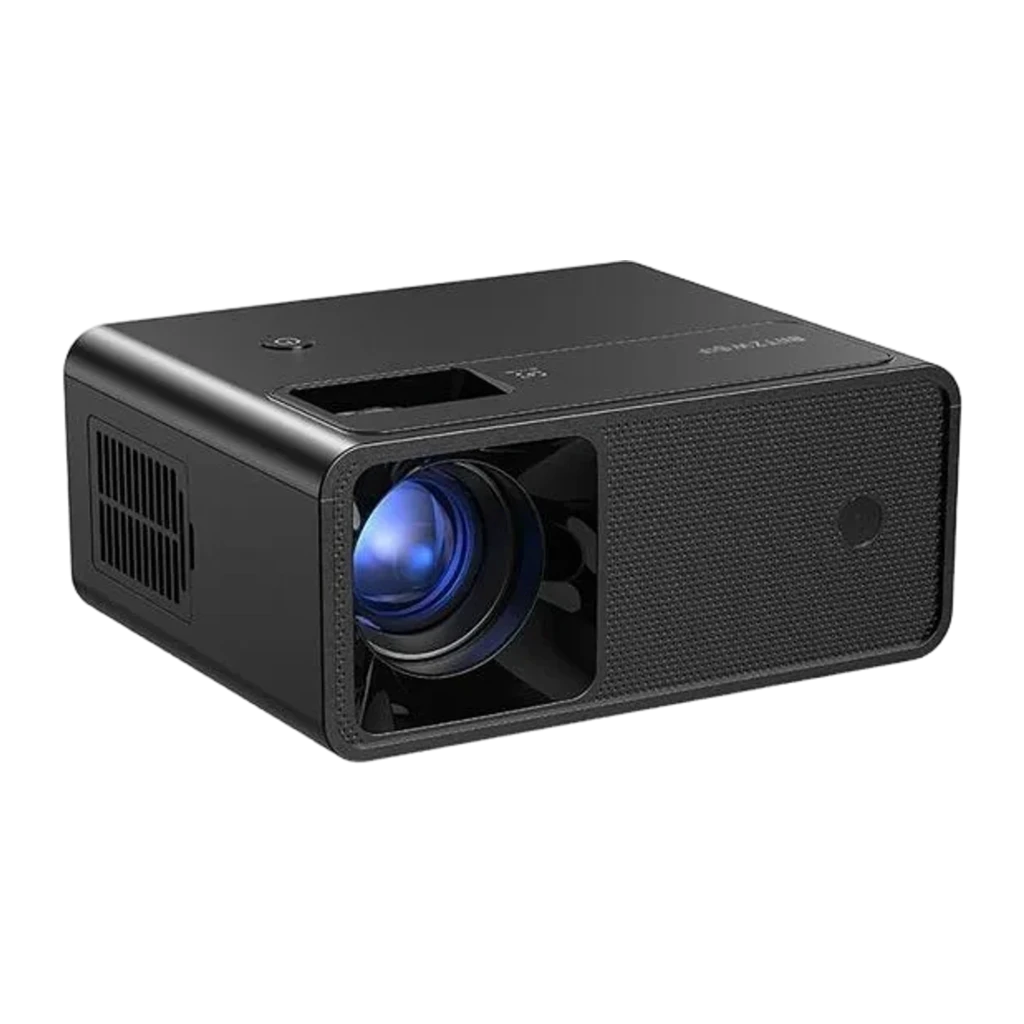 BlitzWolf Projector BW-V1 preto, vista frontal: lente azul à esquerda e grelha texturizada à direita - Item2
