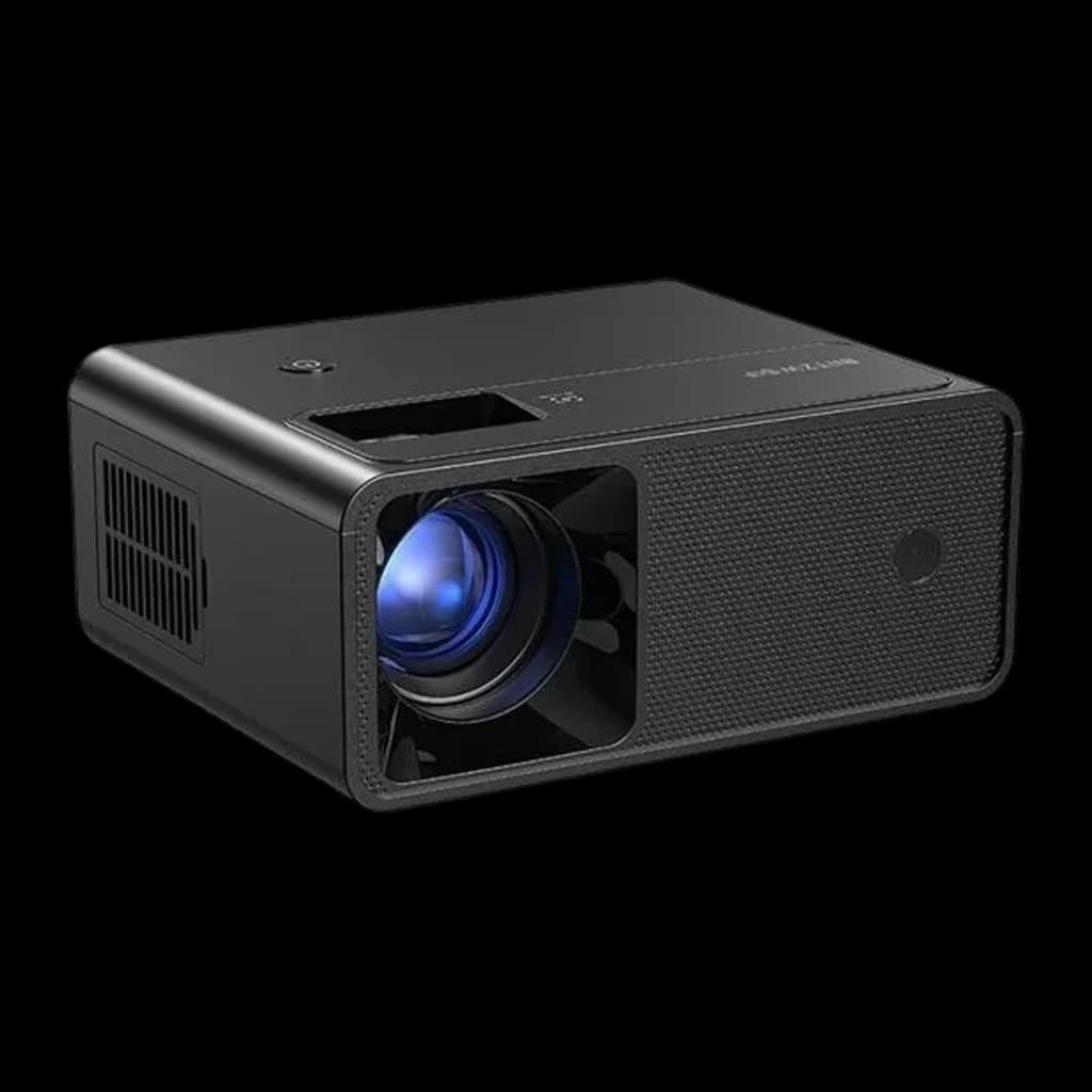 BlitzWolf Projector BW-V1 negro, vista en ángulo frontal-superior derecho: rejilla de ventilación lateral izquierda y parte