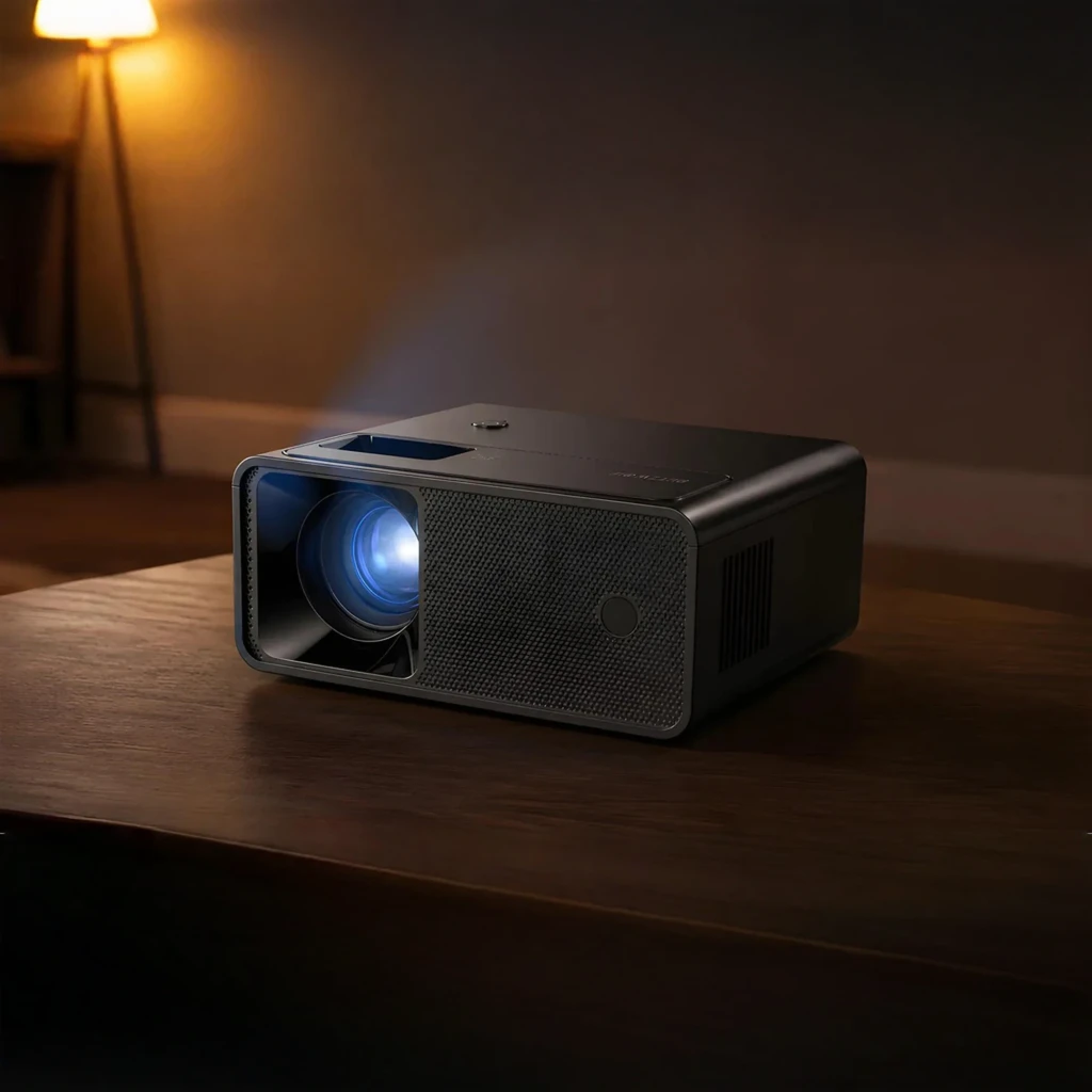 BlitzWolf Projector BW-V1 preto, vista frontal: lente azul à esquerda e grelha texturizada à direita - Item5