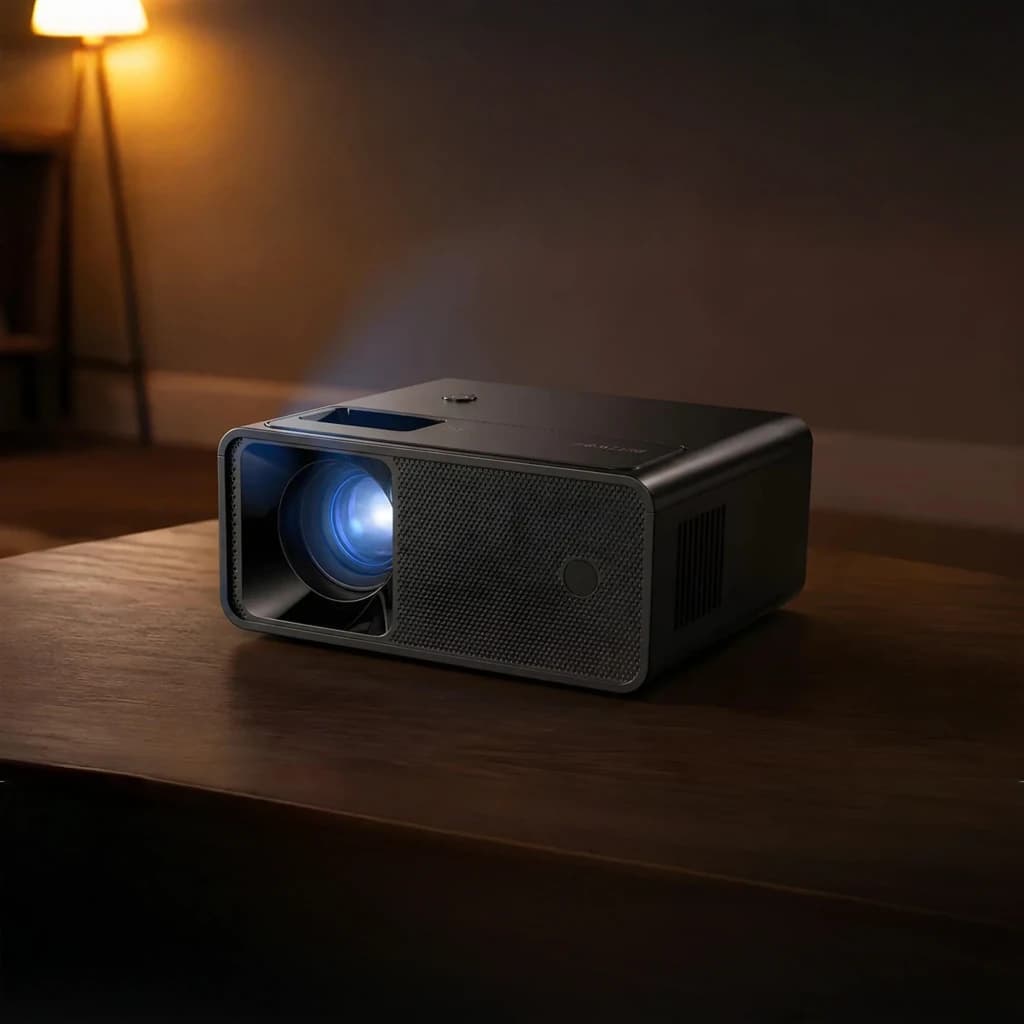 BlitzWolf Projector BW-V1 negro, vista frontal lateral: lente azul iluminada sobre mesa de madera en ambiente cálido