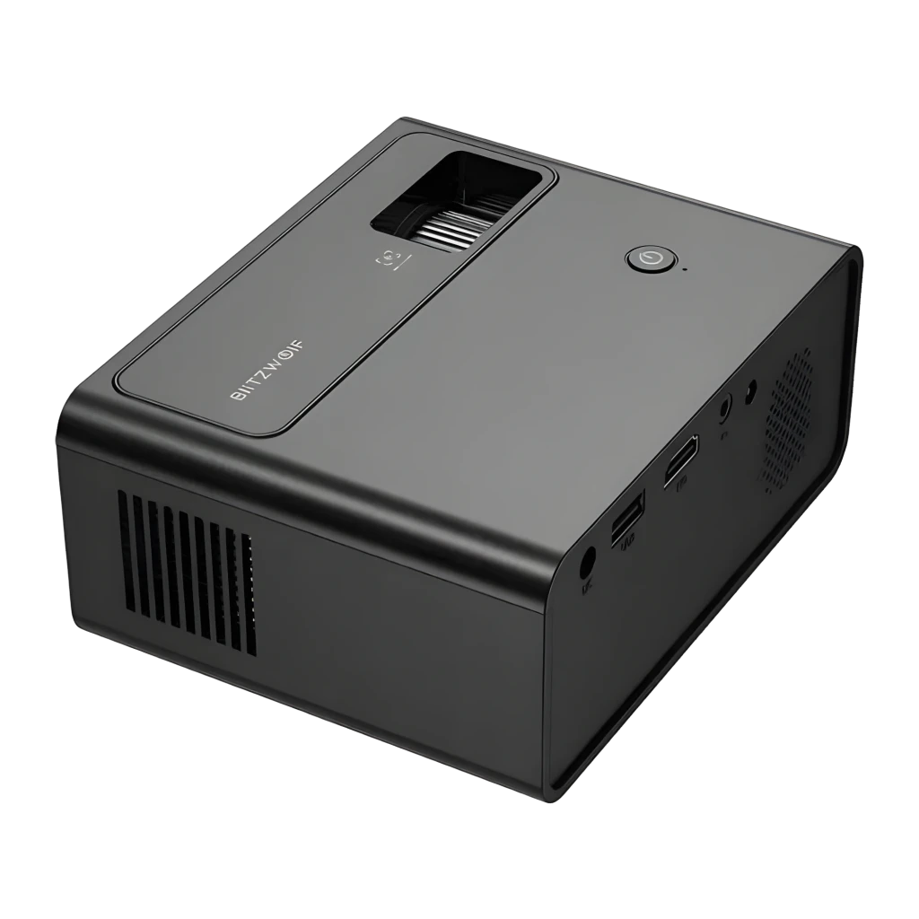 BlitzWolf Projector BW-V1 preto, vista frontal: lente azul à esquerda e grelha texturizada à direita - Item3
