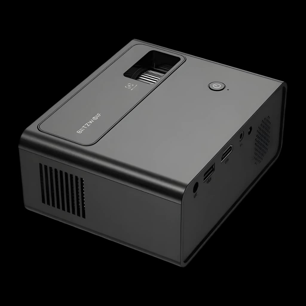 BlitzWolf Projector BW-V1 negro, vista angular superior: lente, botón de encendido, rejillas de ventilación y puertos
