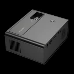 BlitzWolf Projector BW-V1 negro, vista angular superior: lente, botón de encendido, rejillas de ventilación y puertos