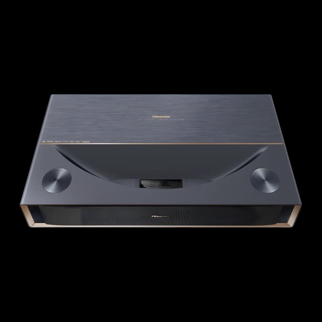 Hisense Projetor laser PT1 Trichroma 4K Smart cinza metalizado, vista superior: tampa escovada, altifalantes laterais e