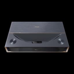 Hisense Projetor laser PT1 Trichroma 4K Smart cinza metalizado, vista superior: tampa escovada, altifalantes laterais e