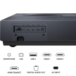 Hisense Projetor laser PT1 Trichroma 4K Smart cinza metalizado, painel traseiro: portas HDMI, USB, LAN, áudio e ícones de