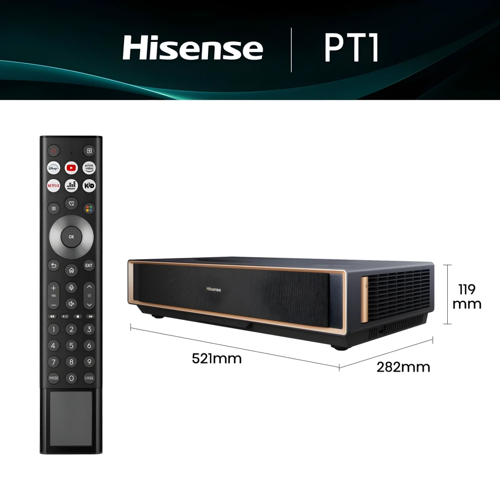 Hisense Projetor laser PT1 Trichroma 4K Smart cinza metalizado, vista superior: tampa escovada, altifalantes laterais e - Item3
