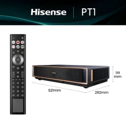 Hisense Projetor laser PT1 Trichroma 4K cinza metalizado, dimensões: controlo remoto e projetor com medidas 521x282x119mm