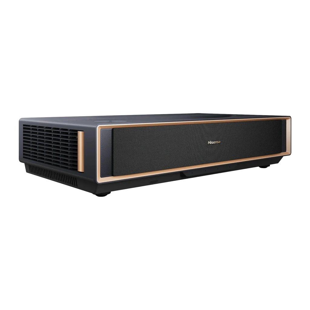 Hisense Projetor laser PT1 Trichroma 4K Smart cinza metalizado, vista superior: tampa escovada, altifalantes laterais e - Item2
