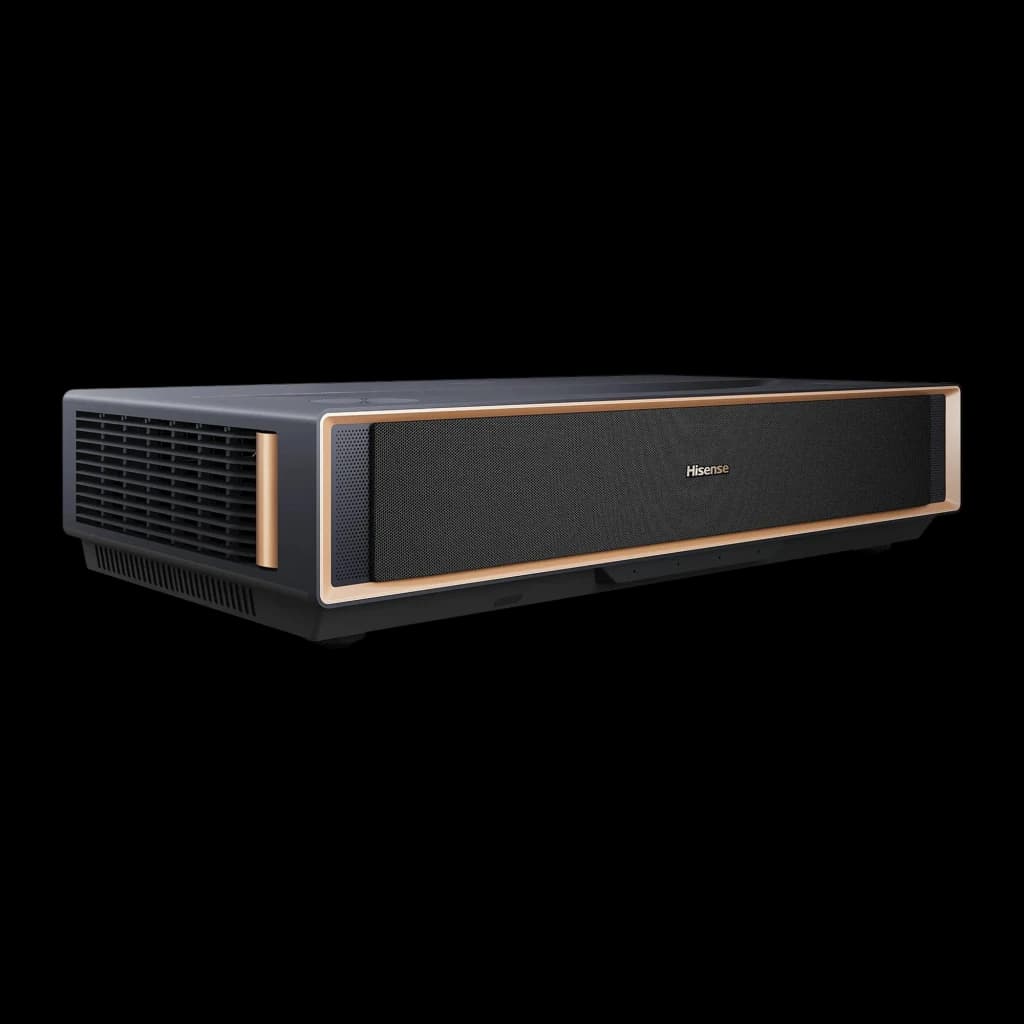 Hisense Projetor laser PT1 Trichroma 4K Smart cinza metalizado, vista frontal esquerda: grelha de ventilação lateral e