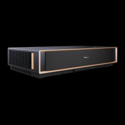 Hisense Projetor laser PT1 Trichroma 4K Smart cinza metalizado, vista frontal esquerda: grelha de ventilação lateral e