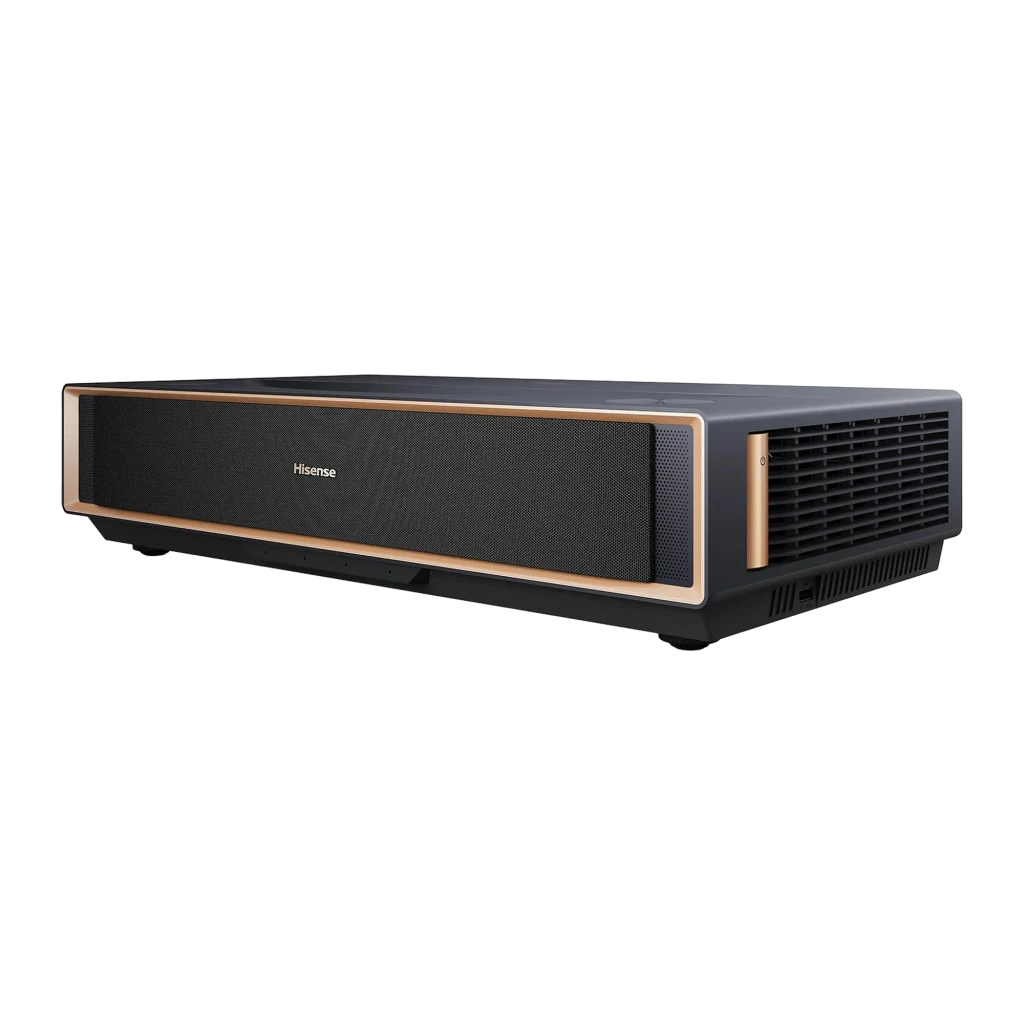 Hisense Projetor laser PT1 Trichroma 4K Smart cinza metalizado, vista superior: tampa escovada, altifalantes laterais e - Item1