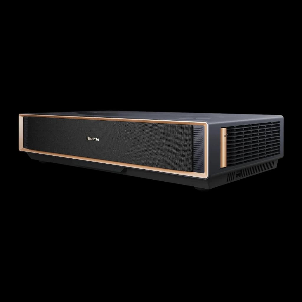 Hisense Projetor laser PT1 Trichroma 4K Smart cinza metalizado, vista frontal direita: grelha de ventilação direita e