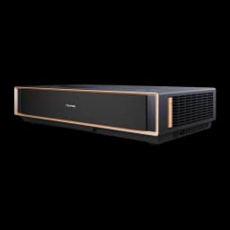 Hisense Projetor laser PT1 Trichroma 4K Smart cinza metalizado, vista frontal direita: grelha de ventilação direita e