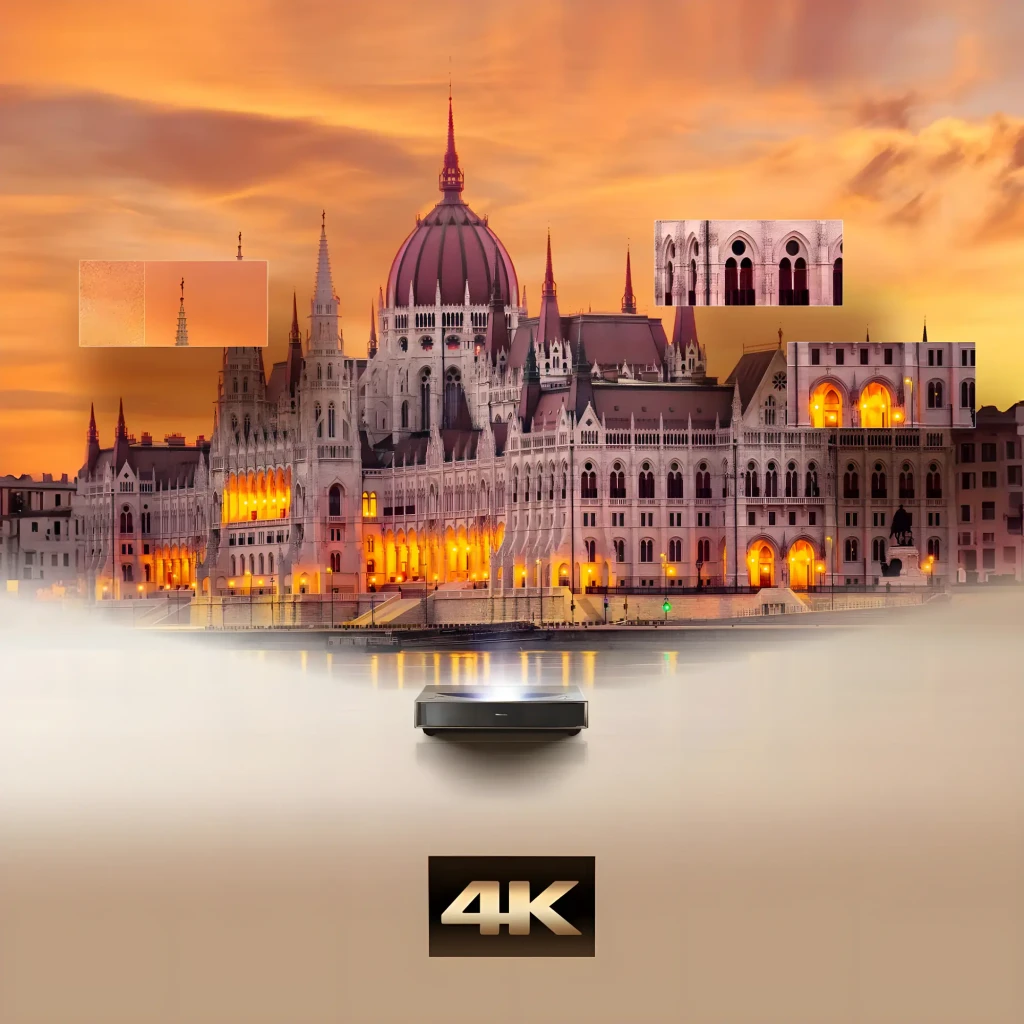 Hisense Projetor laser PT1 Trichroma 4K Smart cinza metalizado, vista superior: tampa escovada, altifalantes laterais e - Item6