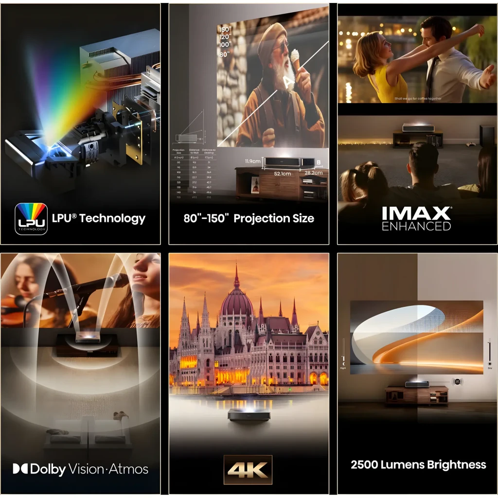 Hisense Projetor laser PT1 Trichroma 4K Smart cinza metalizado, vista superior: tampa escovada, altifalantes laterais e - Item7