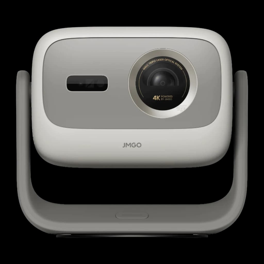 JMGO N3 4K Projector 32GB cinza, vista frontal: lente triplo laser 4K, sensor IR e logo JMGO sobre base giratória