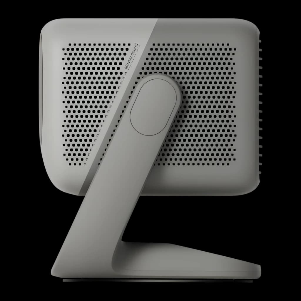 JMGO N3 4K Projector 32GB cinza, vista traseira: grelha de ventilação, suporte articulado e logo Matter Sound