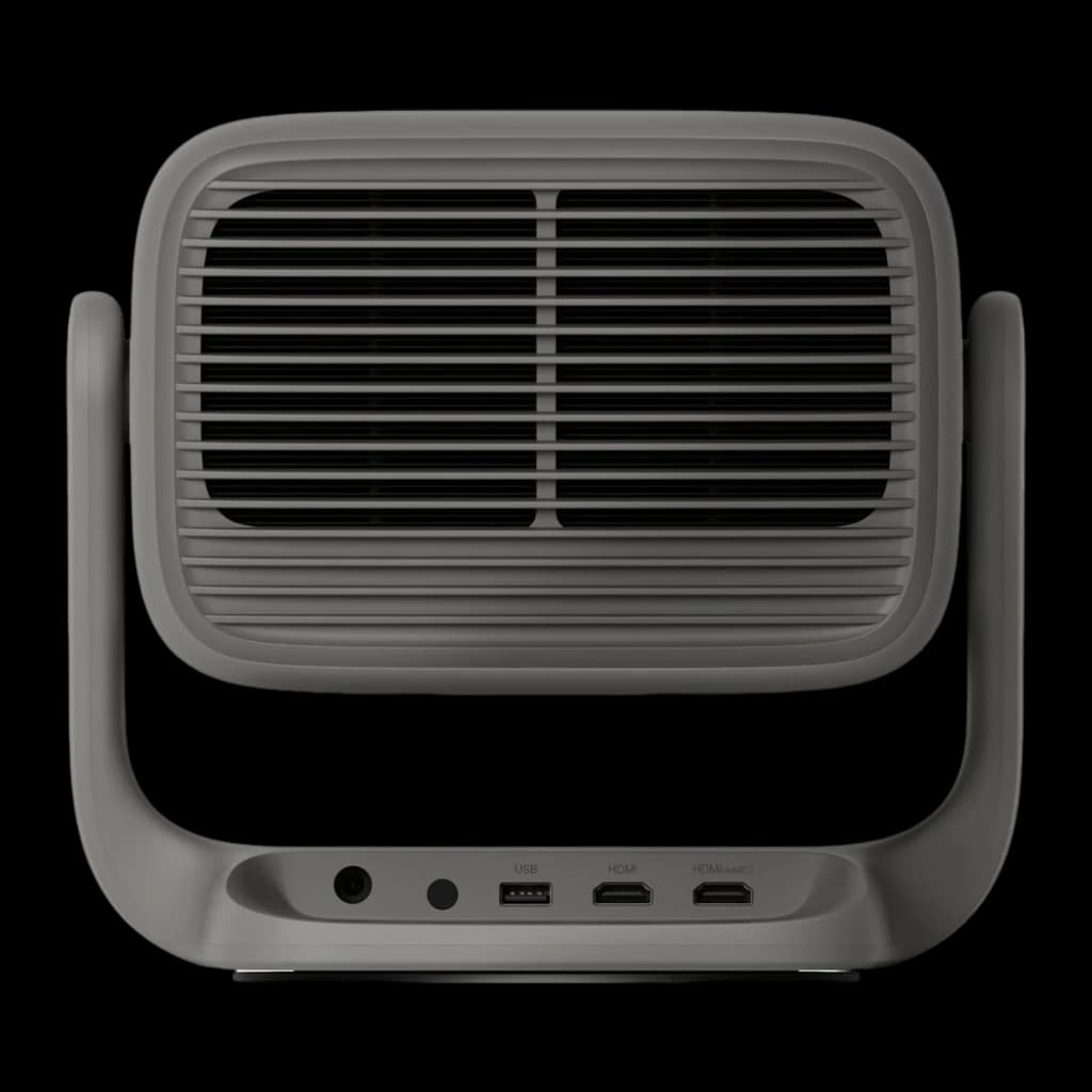 JMGO N3 4K Projetor 32GB cinza, vista traseira: grade de ventilação e portas USB, HDMI e HDMI eARC na base
