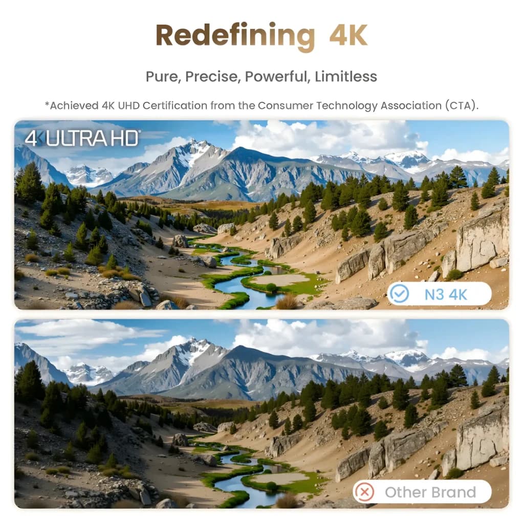JMGO N3 4K Projetor 32GB, comparativo: imagem 4K Ultra HD N3 vs outra marca, paisagem montanhosa com maior nitidez e cor