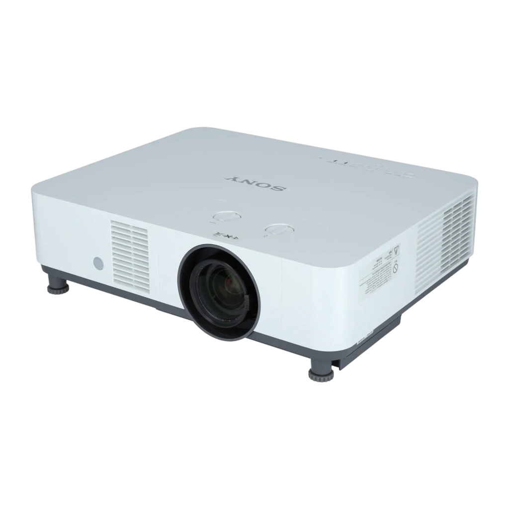 Sony VPL-PHZ51 5300lm branco, vista frontal: objetiva central, grelha de ventilação e pés reguláveis - Item1