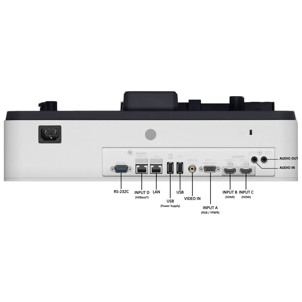 Sony VPL-PHZ51 5300lm branco, vista frontal: objetiva central, grelha de ventilação e pés reguláveis - Item4