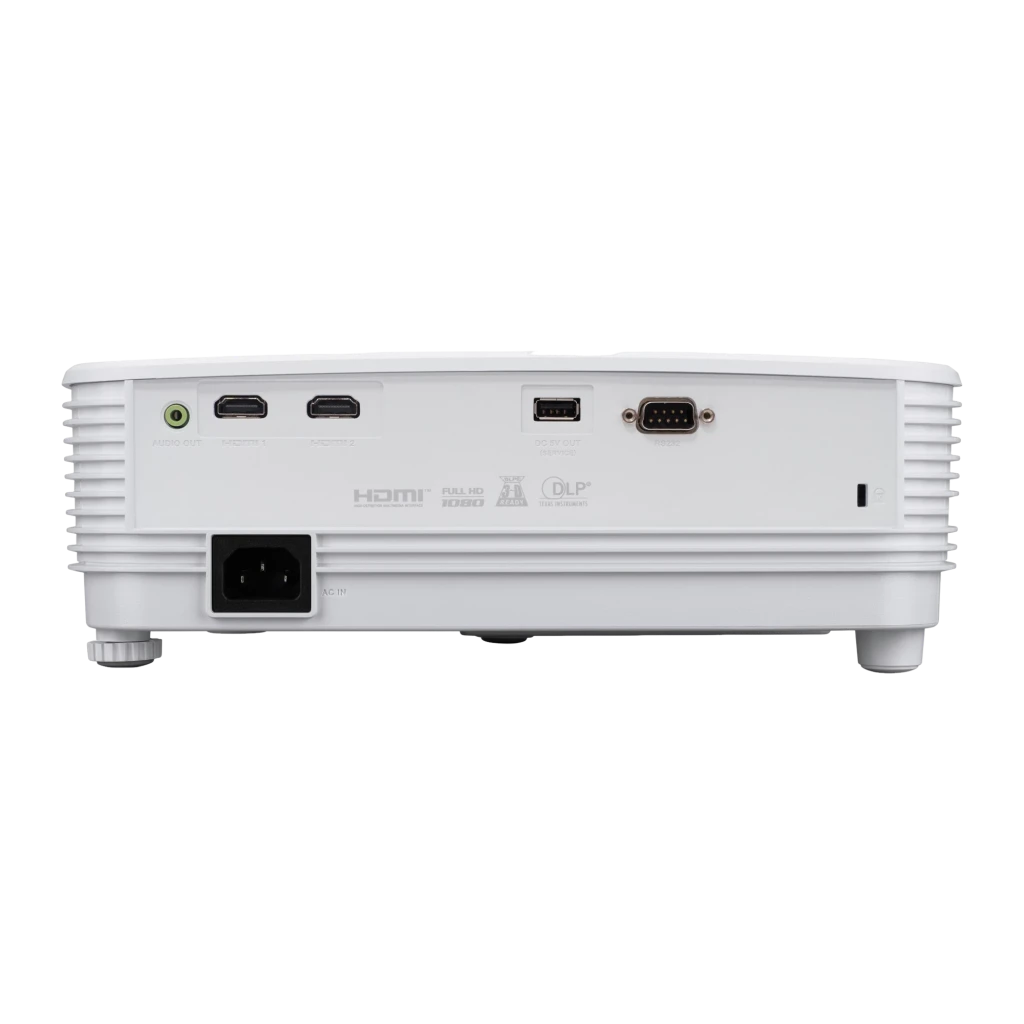 Acer Projetor P1557 4800lm Full HD DLP branco, vista frontal lateral: objetiva, grelhas de ventilação e painel de controlo - Item1