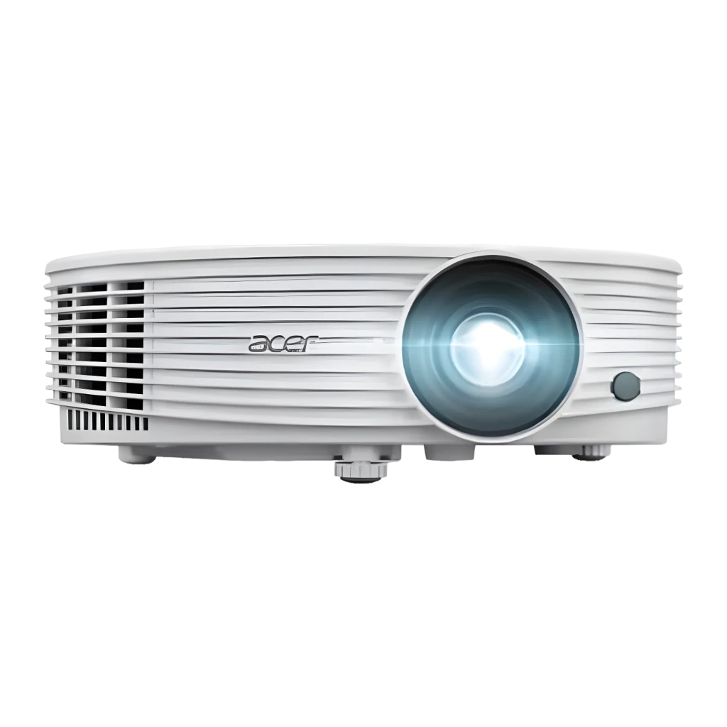 Acer Projetor P1557 4800lm Full HD DLP branco, vista frontal lateral: objetiva, grelhas de ventilação e painel de controlo - Item3