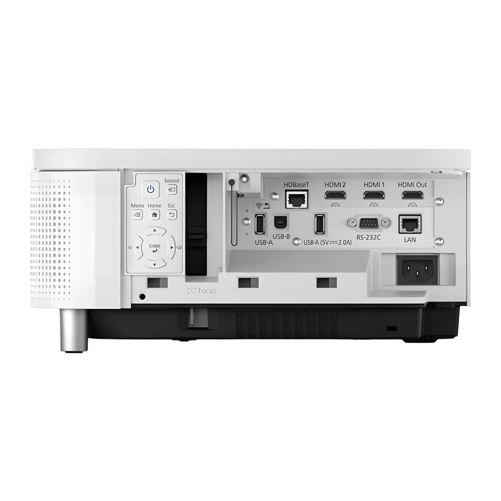 Epson Proyector EB-810E Full HD 5000lm blanco, vista frontal-lateral: cuerpo rectangular, rejillas laterales y patas - Ítem5